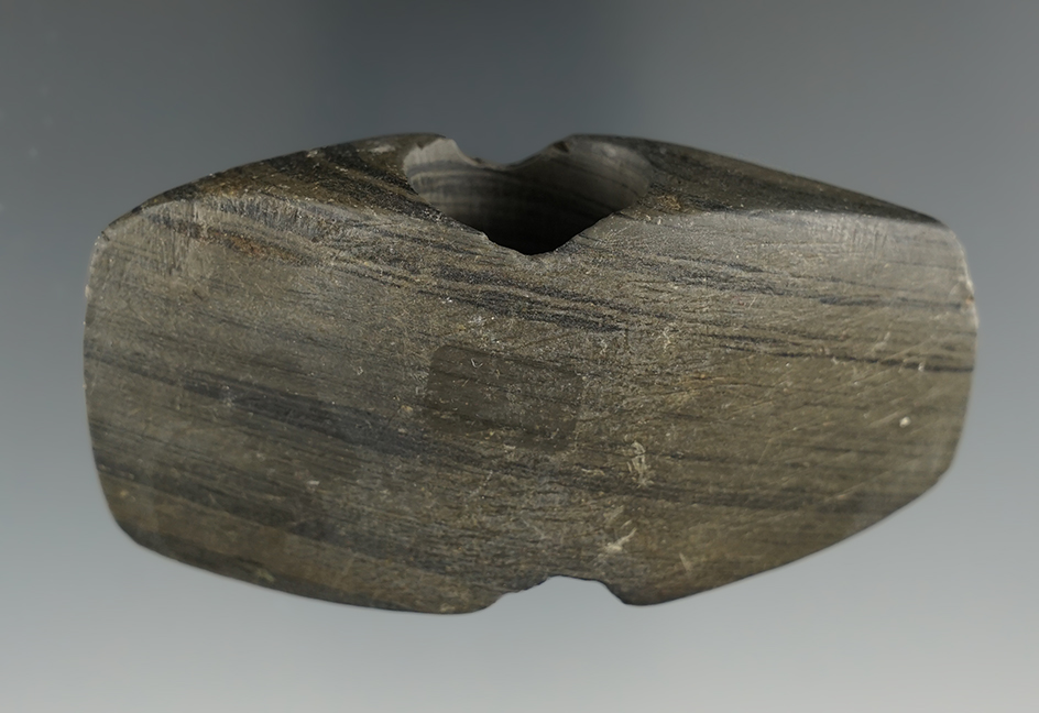 3 1/8" Beautifully Banded Slate Shuttle Banner with huge unique hole. Maumee Bay, Ohio.