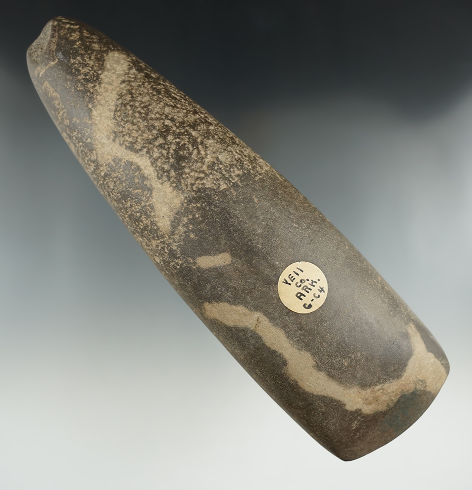 Large 9 1/8" Hardstone Celt with excellent surface polish, found in Yell Co., Arkansas.
