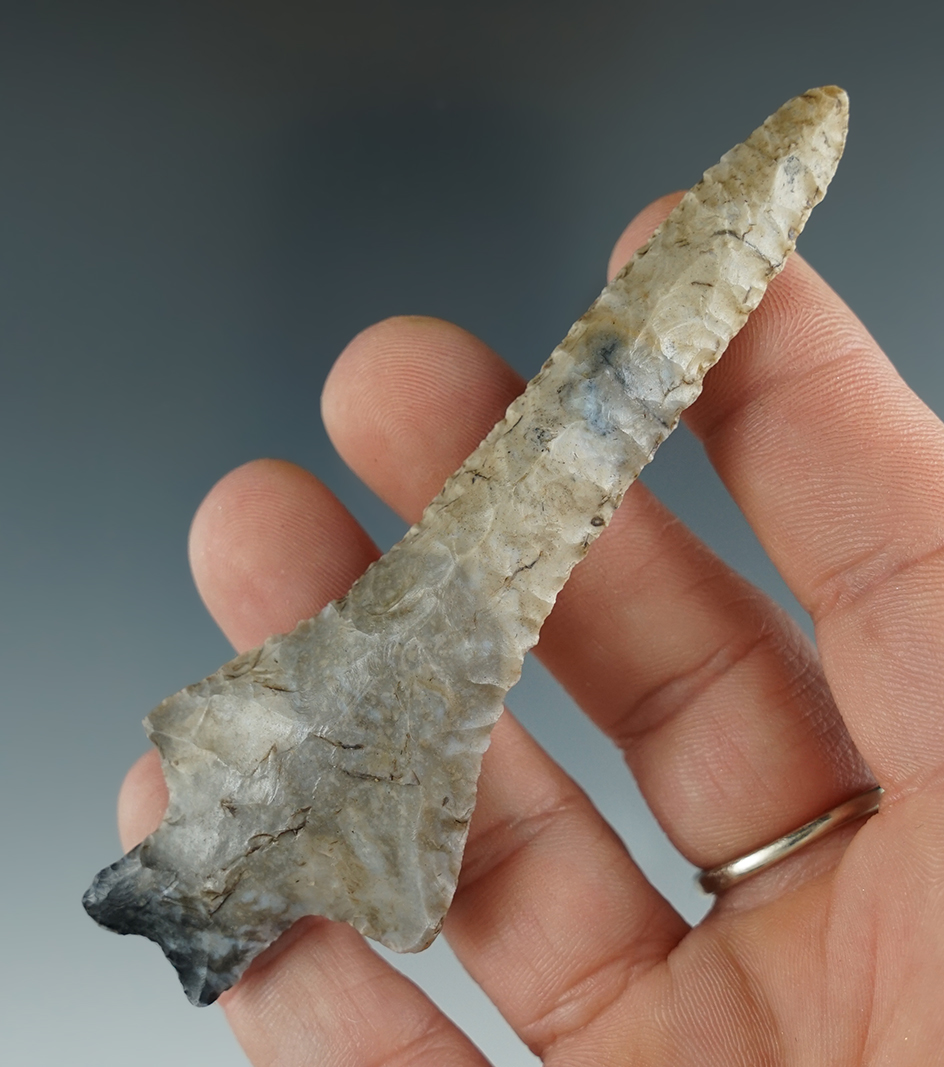 3 3/4" Two-tone Coshocton Bifurcated Base Drill. Found in Crawford Co., Ohio.