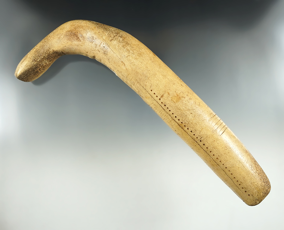 Well polished 9 1/2" Engraved Elkhorn Hide Scraper found in the Northern Plains. Davis G-10 COA.