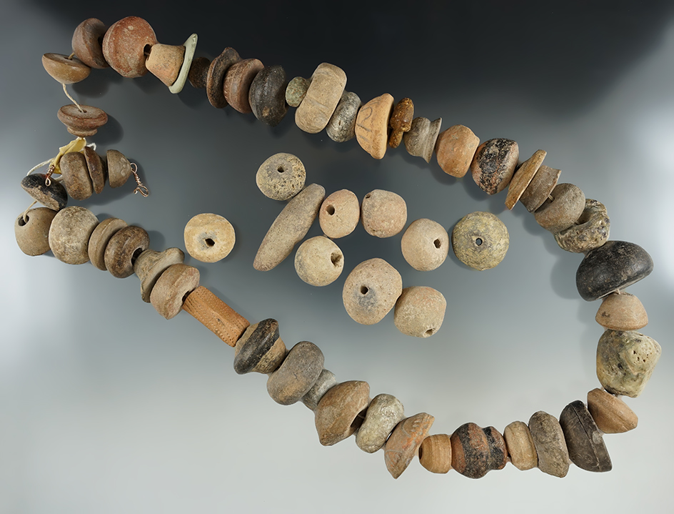 Set of 57 Mayan Clay Spindle Whorl Beads found in Mexico.