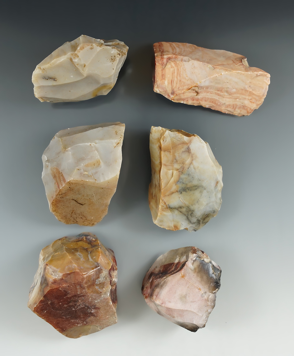 Set of six colorful Flint Ridge Flint Hopewell cores found in Licking Co., Ohio. Largest is 2 1/4".