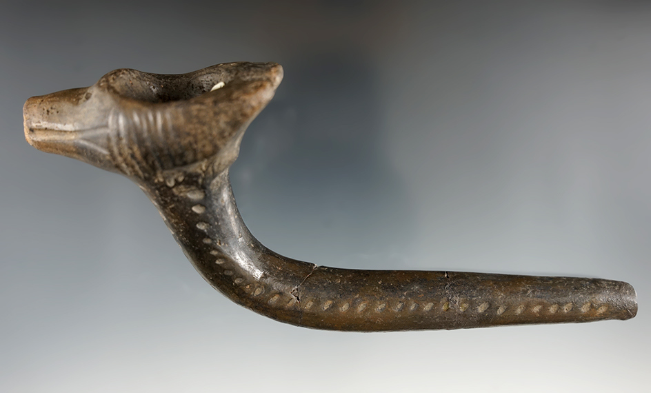 Large 6 3/4" long Wolf Effigy Iroquois clay Pipe found in Simcoe Co., Ontario, Canada.