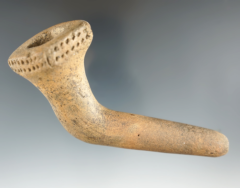 4 3/4" long  Iroquois clay Diamond Bowl Pipe with punctate design. Broken and mended, New York.