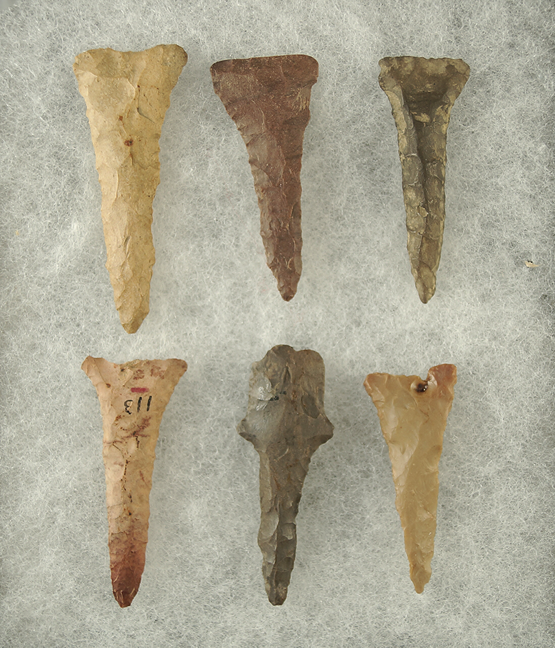 Set of 6 Flint Drills found in Lorain Co., Ohio. Largest is 2 3/8". Ex. Les Gerken Collection.