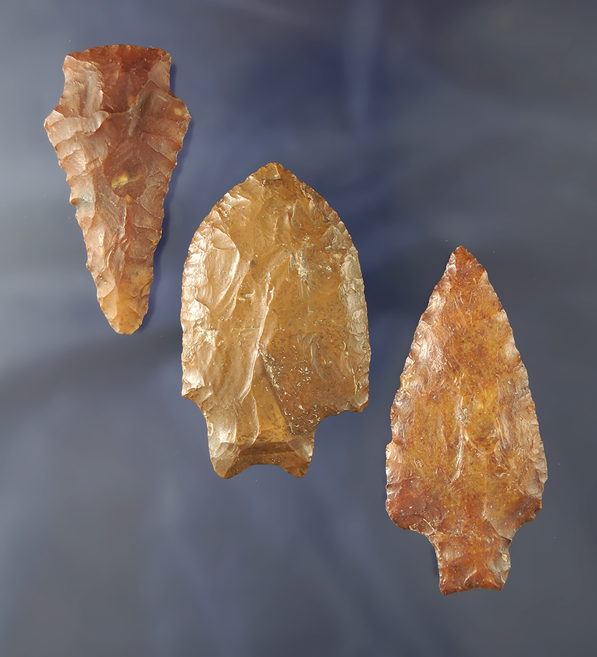 Set of three heavily River patinated arrowheads, largest is 2 5/8". Santa Fe River, Alachua Co., FL.