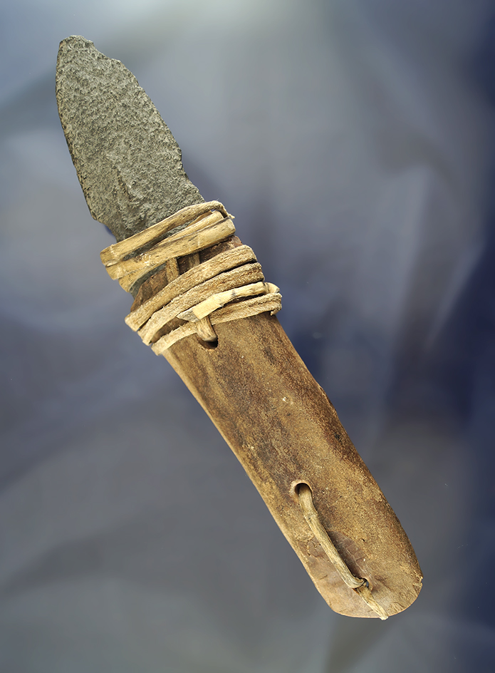 8 1/2" originally hafted Stone Knife with the original bone handle and original hafting -  Alaska.