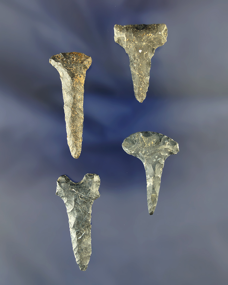 Set of four Coshocton Flint Drills found in Lorain Co.,  Ohio. Largest is 1 3/4". Ex. Les Gerkin.
