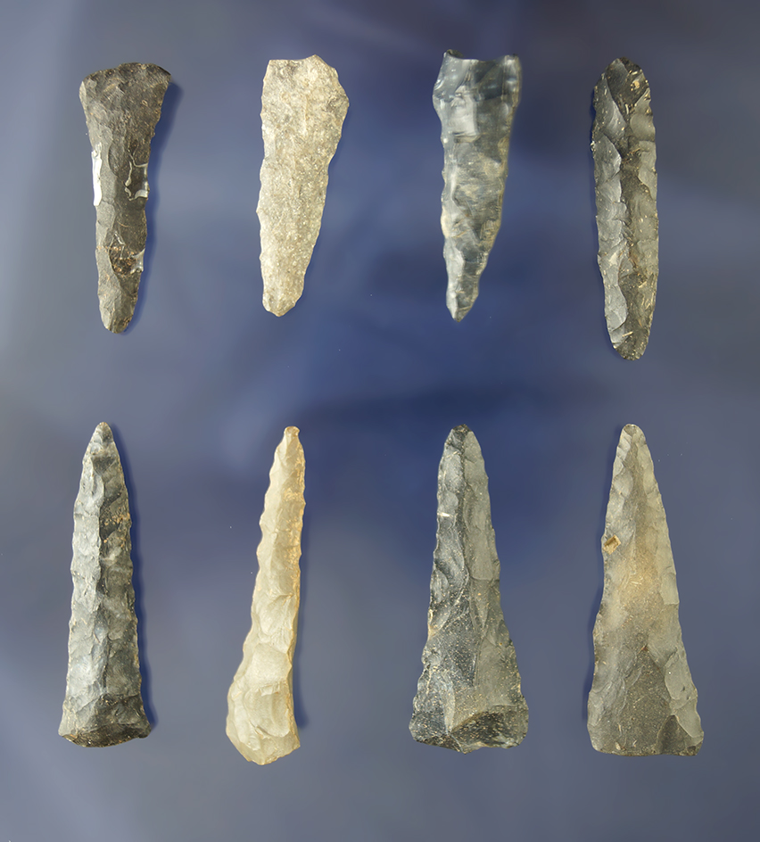 Set of eight Flint Drills found in Ohio. Largest is 1's 15/16". Ex. Les Gerkin collection.