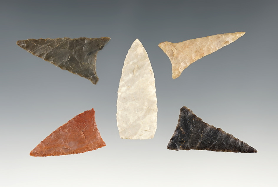 Set of 5 well made Triangle points found in Tennessee/Kentucky. The largest is 1 5/8".