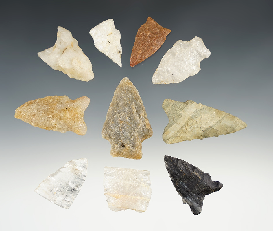 Set of 10 assorted points found in Virginia and North Carolina. The largest is 2 1/16".