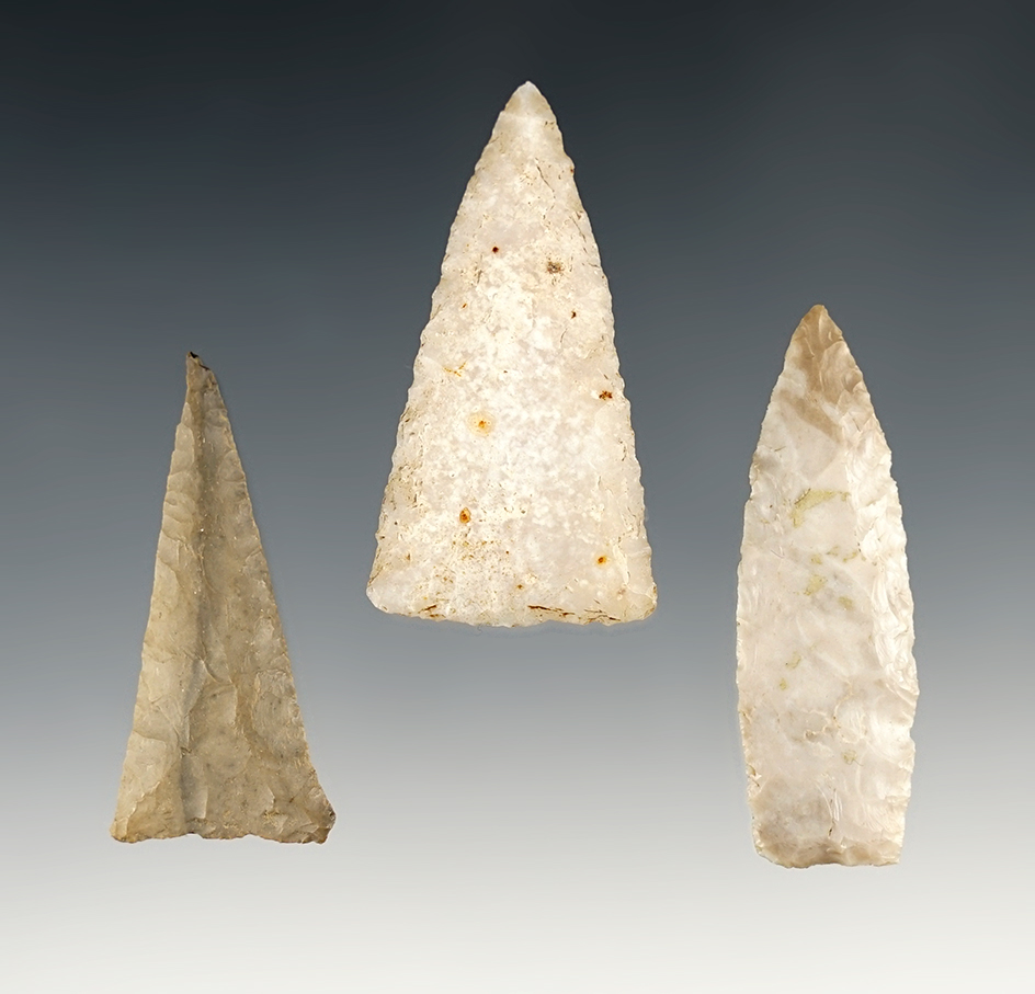 Set of 3 well made Triangle points found in Tennessee/Kentucky. The largest is 1 3/4".