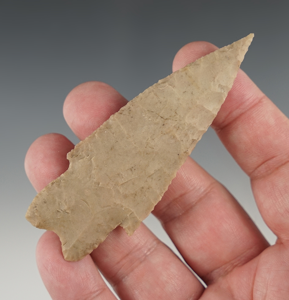 Nicely styled 3 7/16" Pedernales found in Uvalde Co., Texas. Comes with a Rogers COA.