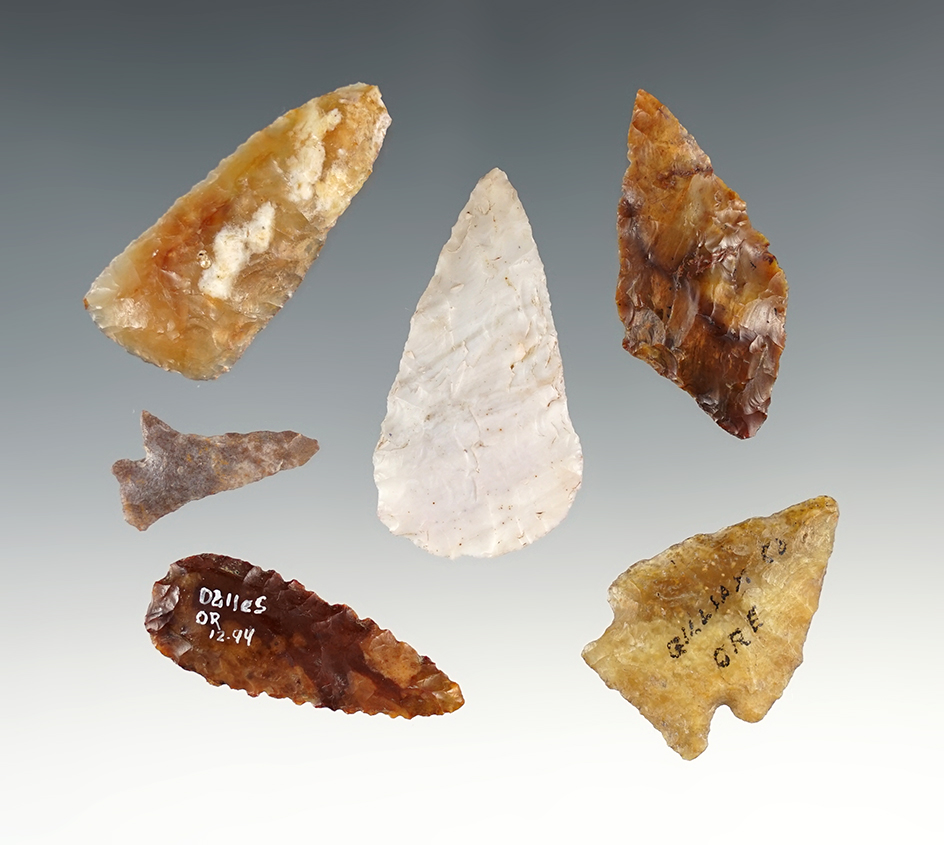 Set of 6 assorted points found in the Oregon/Washington area. The largest is 1 7/8".