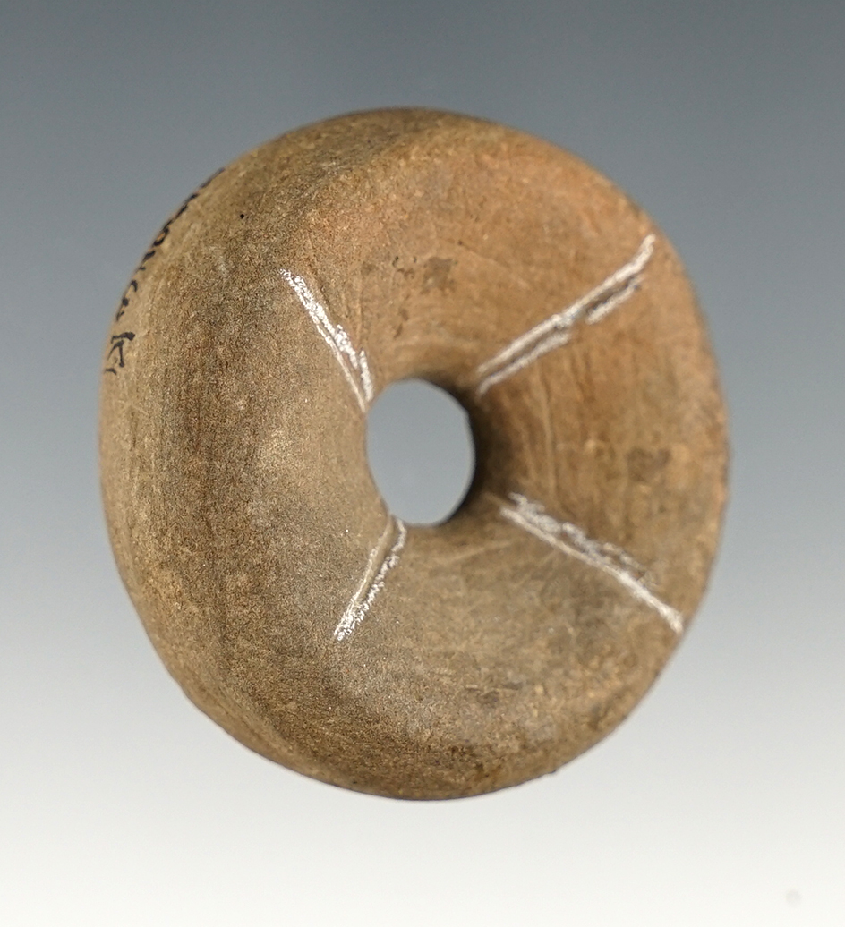 1 1/2" Drilled Sandstone Fort Ancient Discoidal - Fox Field site in Mason Co., Kentucky.