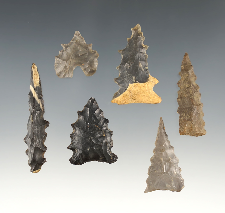 Set of 6 nicely serrated points found in Tennessee/Kentucky. The largest is 2".