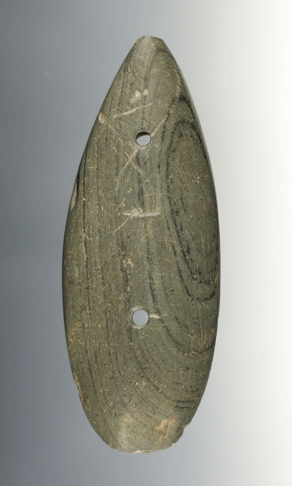 3 13/16" Ohio Gorget that shows excellent wear and age on surface. Ex. Jim Hovan collection.