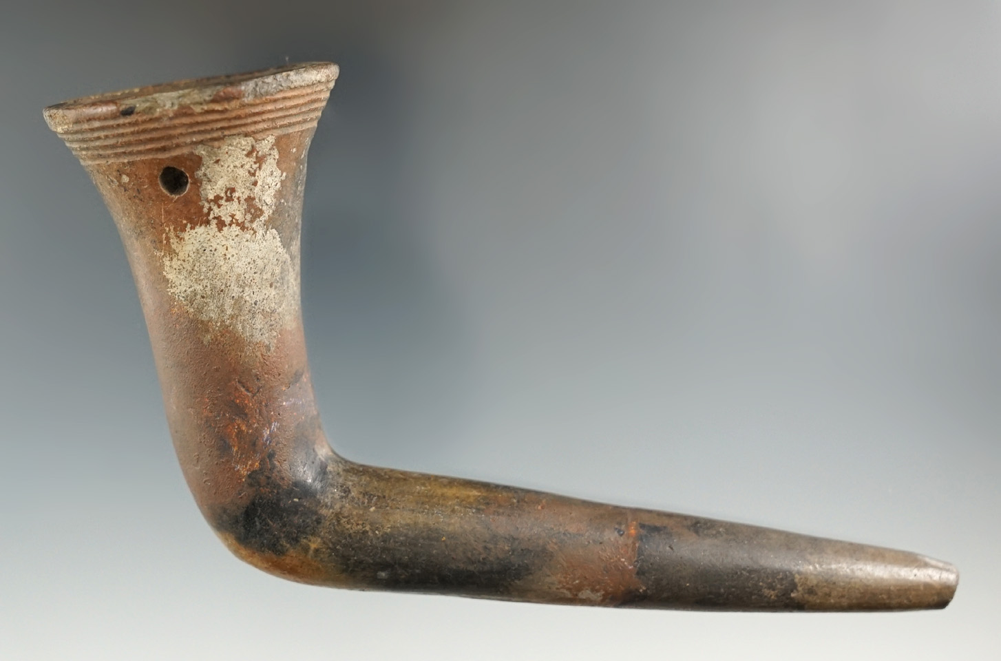 5 1/2" Iroquois Trumpet Pipe - partial restoration to elbow, broken and glued stem.  Port Huron, MI.