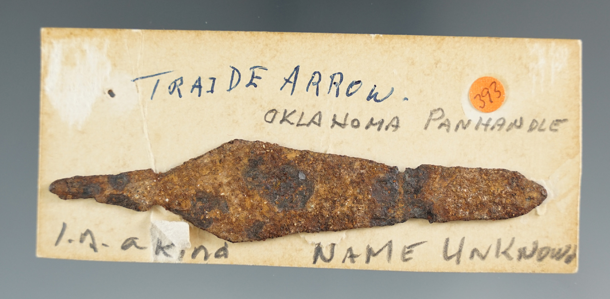 3 7/16" Iron Trade Arrow found in the Oklahoma Pan Handle. Ex. Greg Perino (#393). Bennett COA.