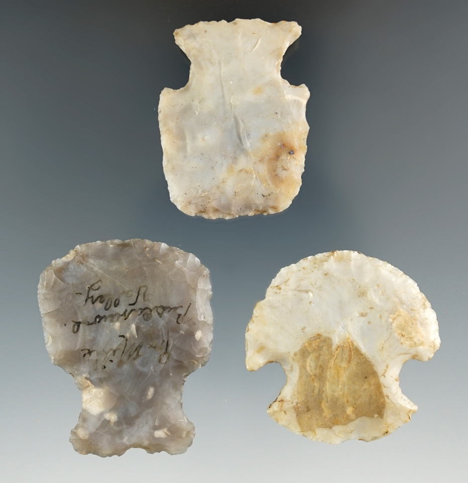 Set of three very well-made Flint Ridge Flint Hopewell Hafted Scrapers found in Ohio.
