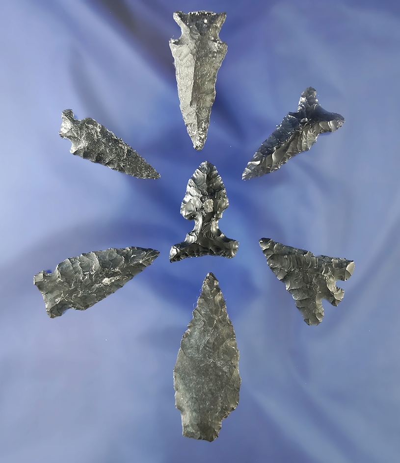 Set of seven assorted obsidian and basalt artifacts, largest is 2 1/8".
