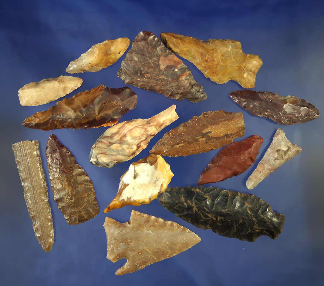 Group of 15 assorted artifacts in various conditions, largest is 2 3/8".    Columbia River.