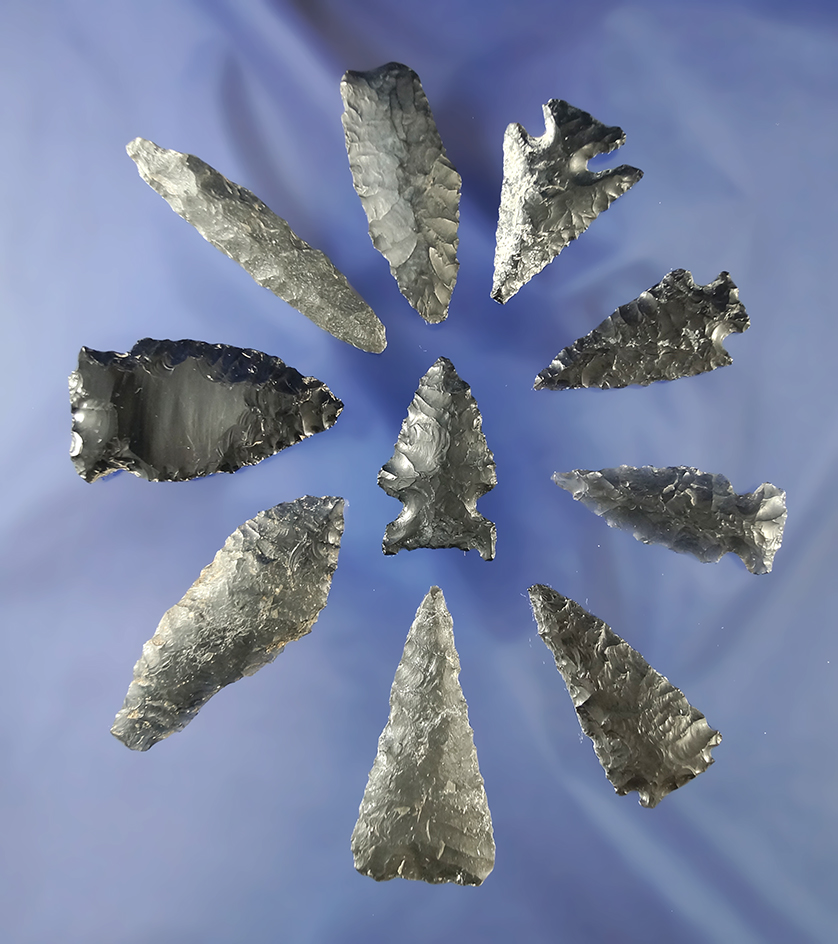 Set of 10 Obsidian Indian artifacts, largest is 2". found near Fort Rock Oregon.