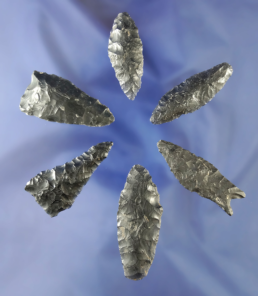 Set of six assorted obsidian artifacts found near Fort Rock Oregon, largest is 2 1/8".