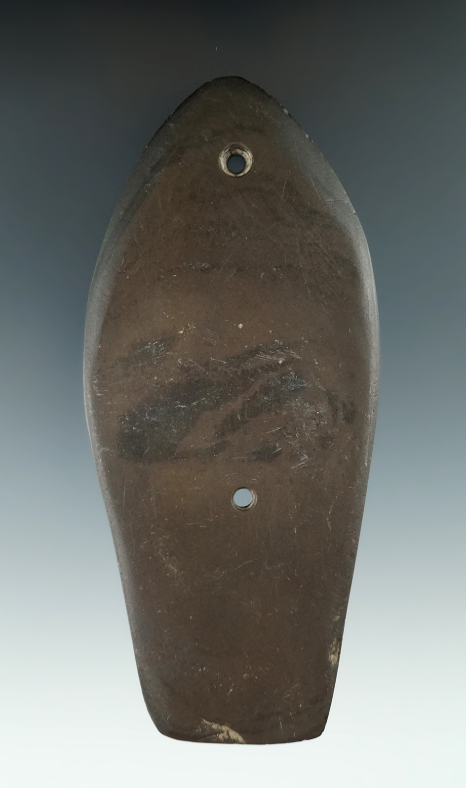 5" Glacial Kame Coffin Gorget made from Mottled Slate, found in Indiana.