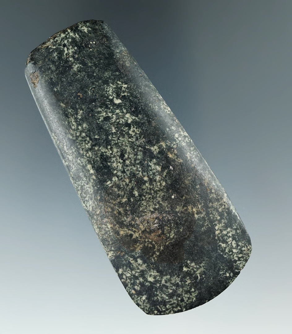 3 3/8" nicely crafted Hardstone Celt found in New York with minor restoration to a small ding.