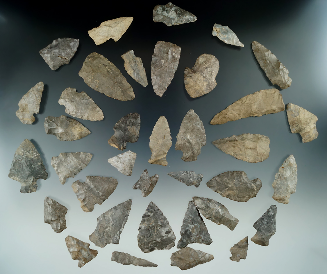 Group of 36 assorted arrowheads from the Vaughan collection - Allegheny Co., New York.