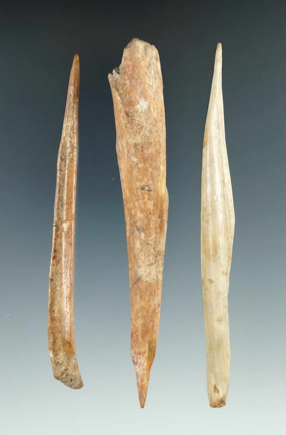 Set of three bone Awls in nice condition, one is broken and glued. Largest is 4 7/8".