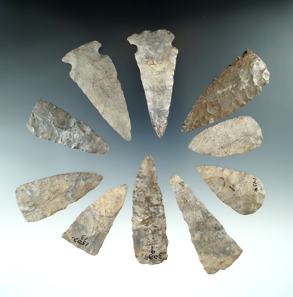 10 mostly Onondaga Flint points and Knives found near the Genesee River, Allegheny Co., NY.