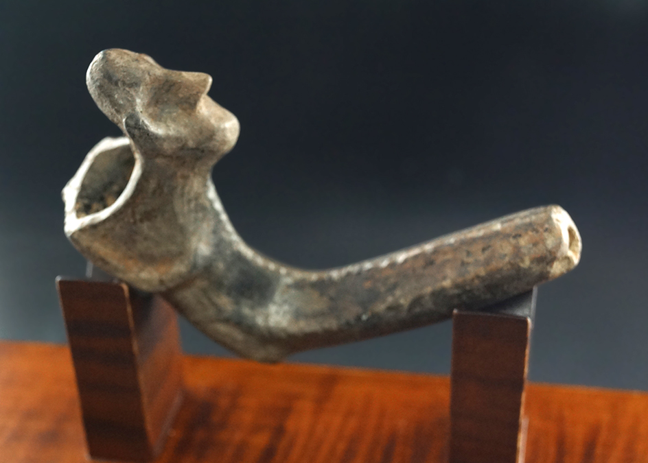 3" Pinched Face Iroquois Clay Pipe - partial restoration to the effigy, stem. Simcoe Co., Ontario.