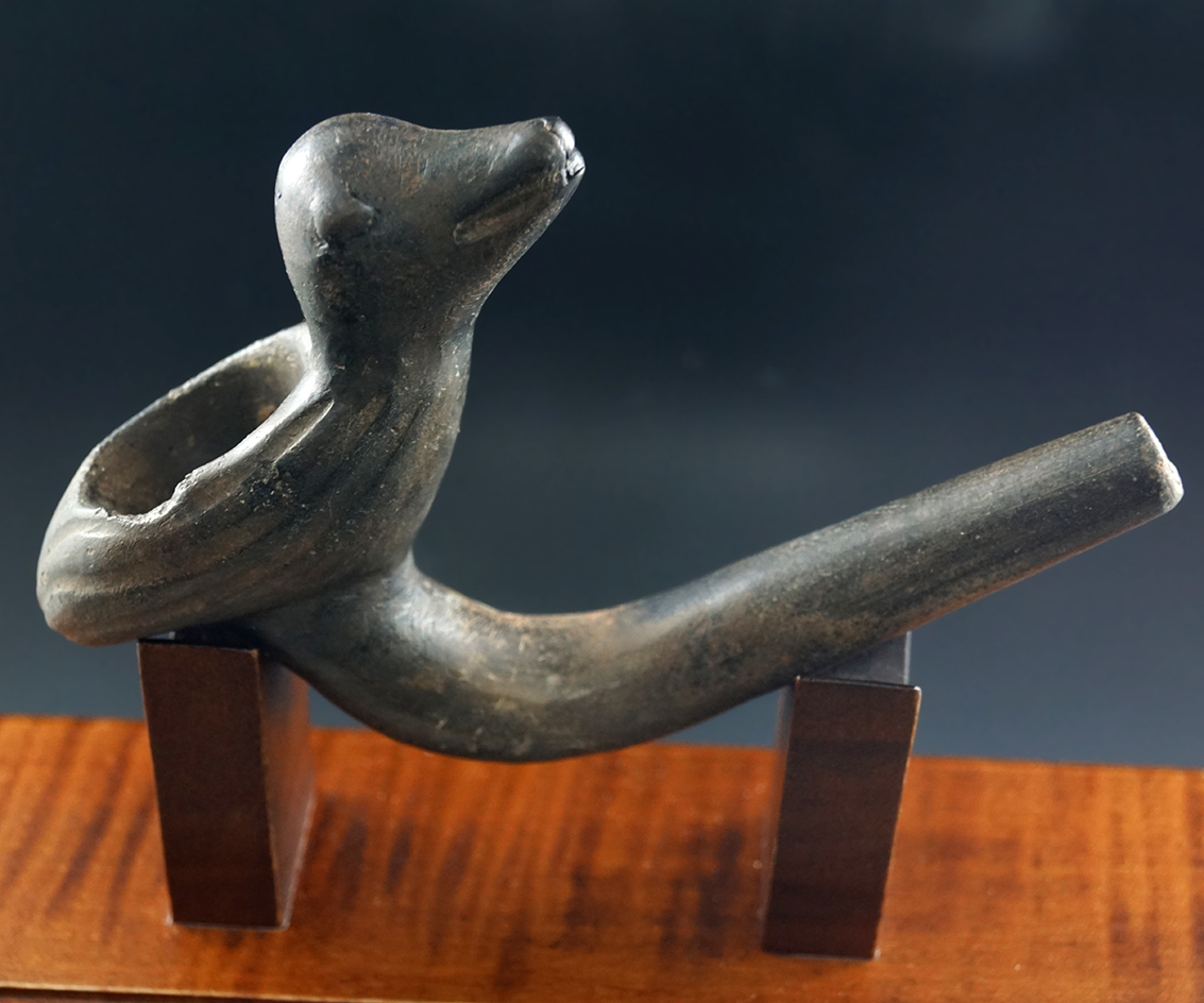 4 1/2" Bird Effigy Iroquois Clay Pipe with partial restoration to the hole -  mended elbow area.