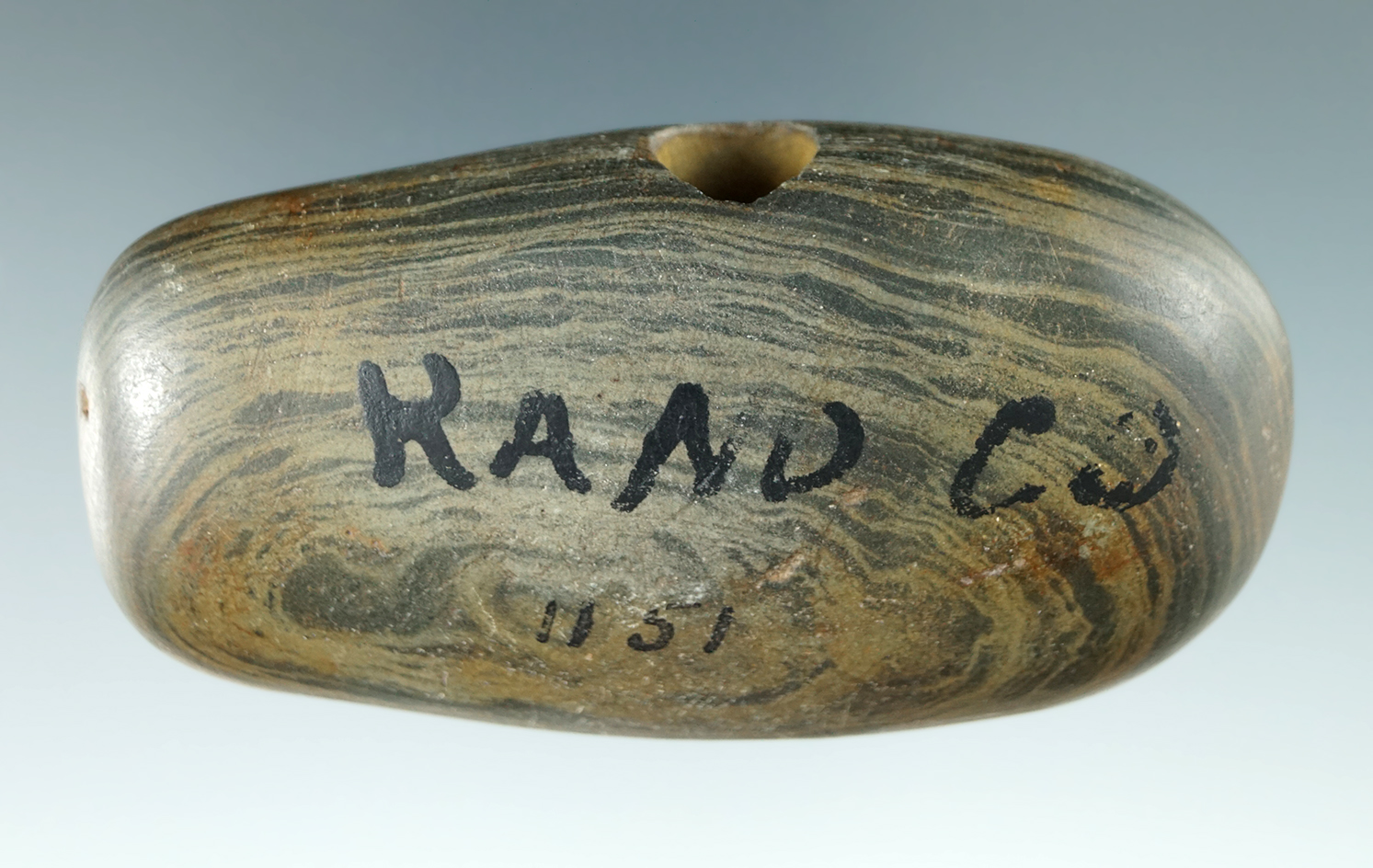 2 15/16" Nicely banded Miniature Wing Bannerstone found in Aranda Co., Indiana.