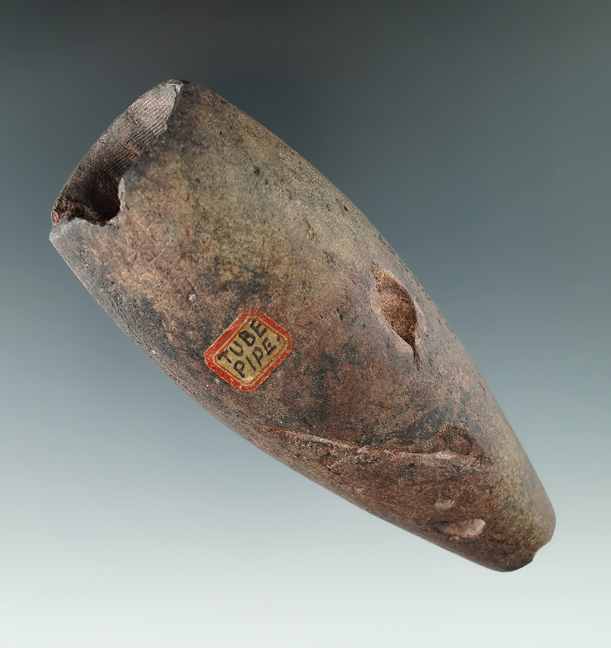 Rare and nice! 4 3/8" Red Ocher stained Adena Tube Pipe with excellent patina. Logan Co., KY.