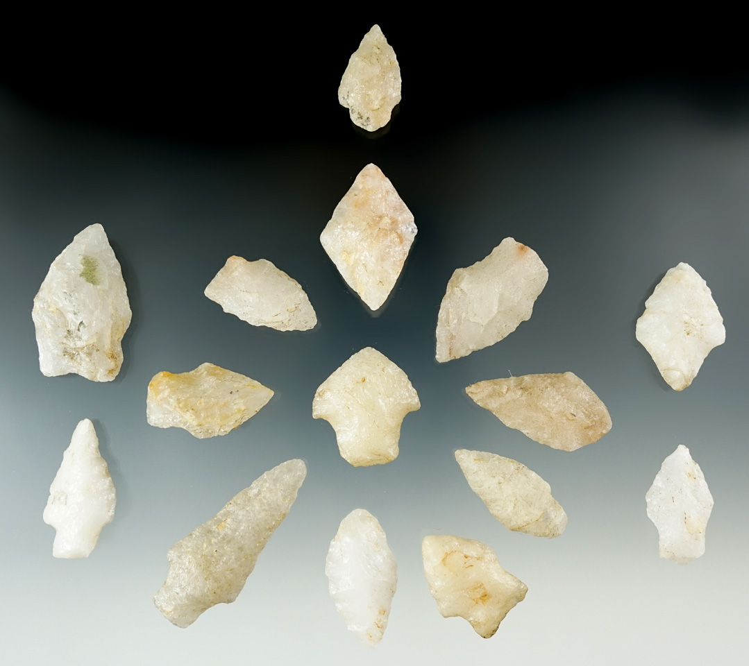 Set of 15 assorted quartz points found by Raymond Powell near Medford, New Jersey.