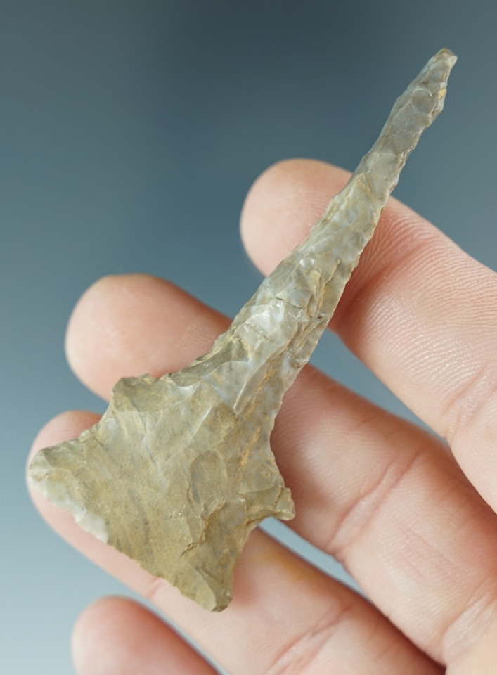 Very steeply beveled 2 11/16" Drill found in Kentucky. Two breaks tightly glued.