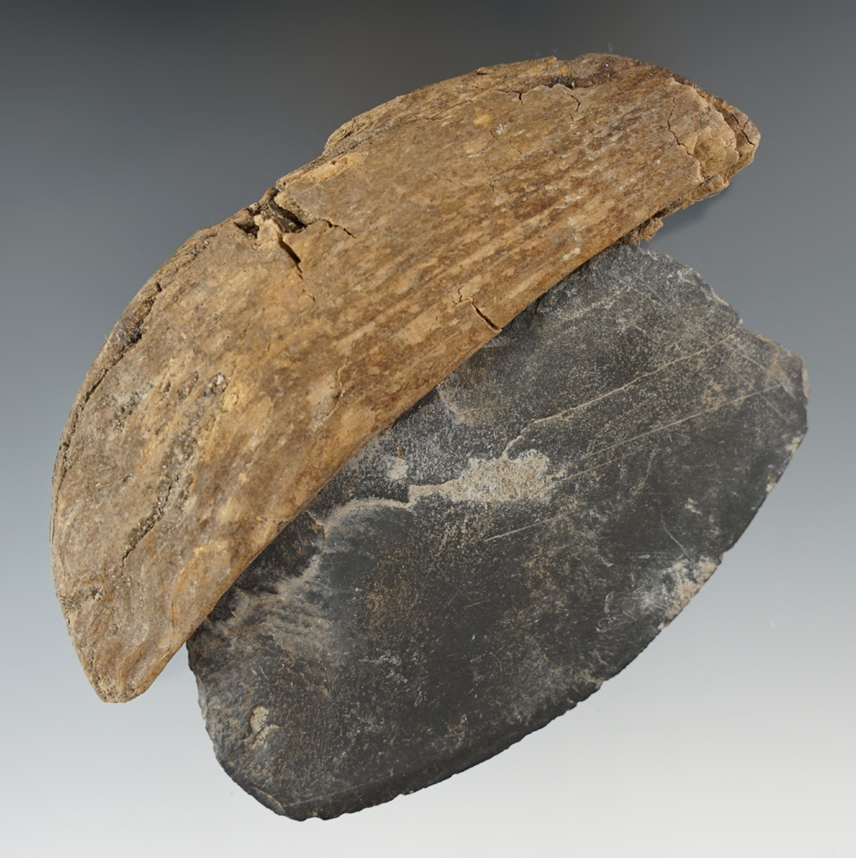 Nice! 4 5/16" long Inuit slate Ulu with original ancient driftwood handle - Alaska.