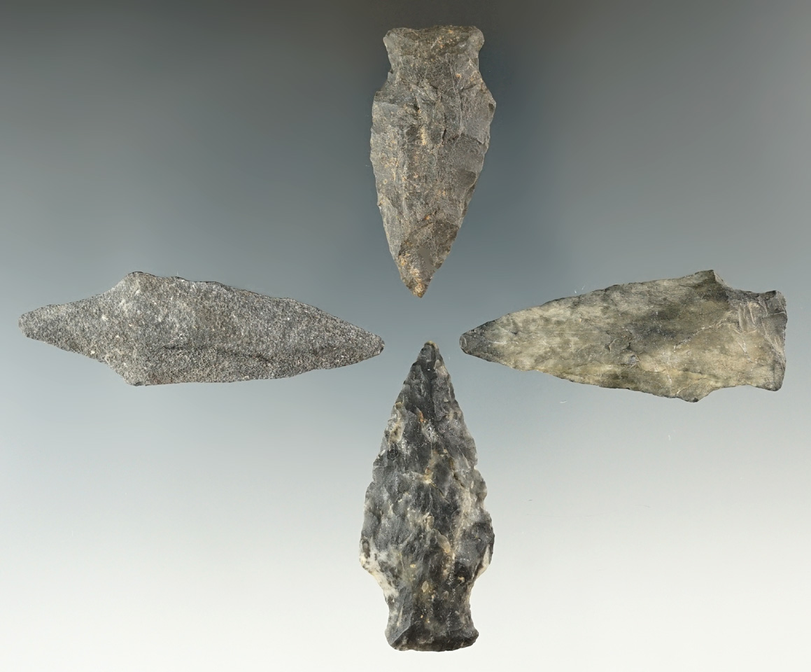 Set of four stemmed points found on 3 mile Island, Dauphin County Pennsylvania.