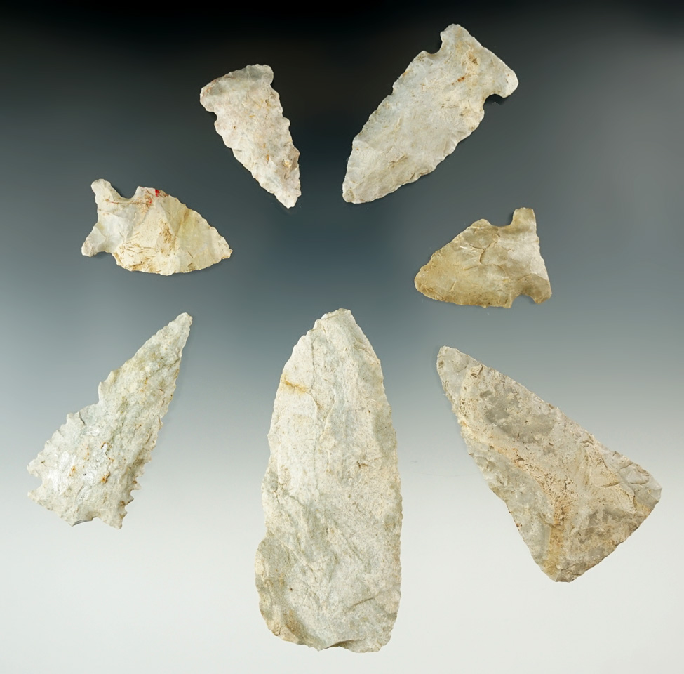 Set of seven flaked artifacts made from Indiana Green Flint, largest is 3 1/8".