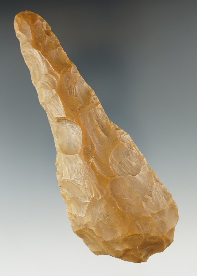 Large 5" Flint Pipe Drill with heavy use wear to drill edges found in southern Ohio.