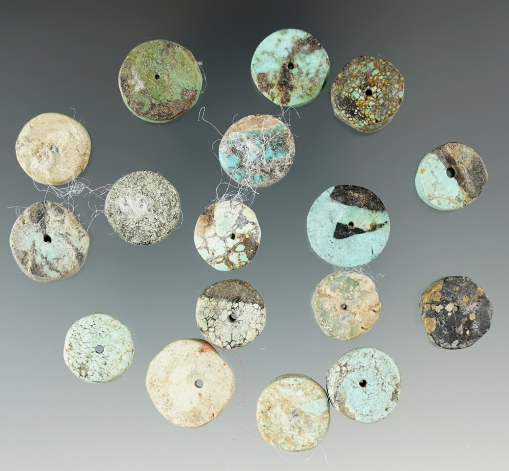 17 drilled turquoise beads recovered in New Mexico. Most are 9/16" diameter.