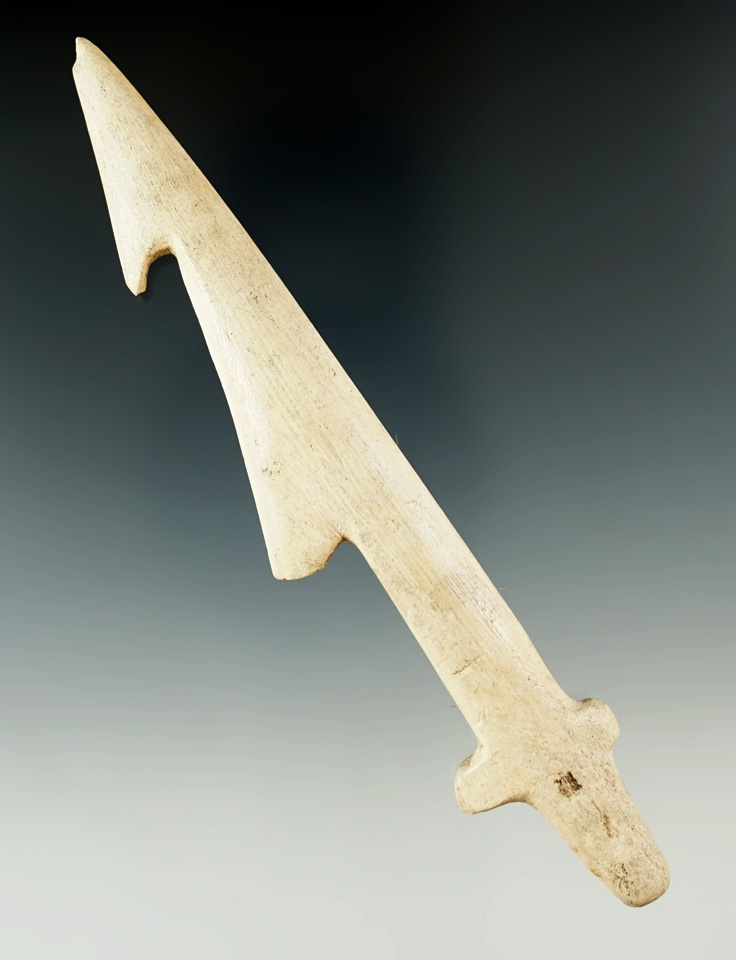 5 5/8" well styled bone/antler barbed harpoon tip - Humboldt Co., California. COA.