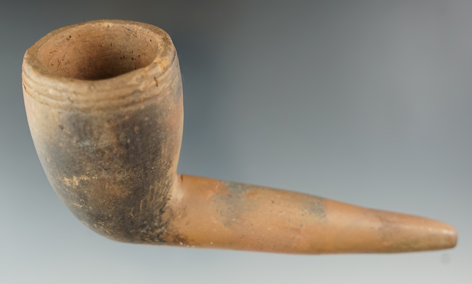 5" long by 2 3/8" tall Iroquois clay ring bowl pipe with restoration. New York.