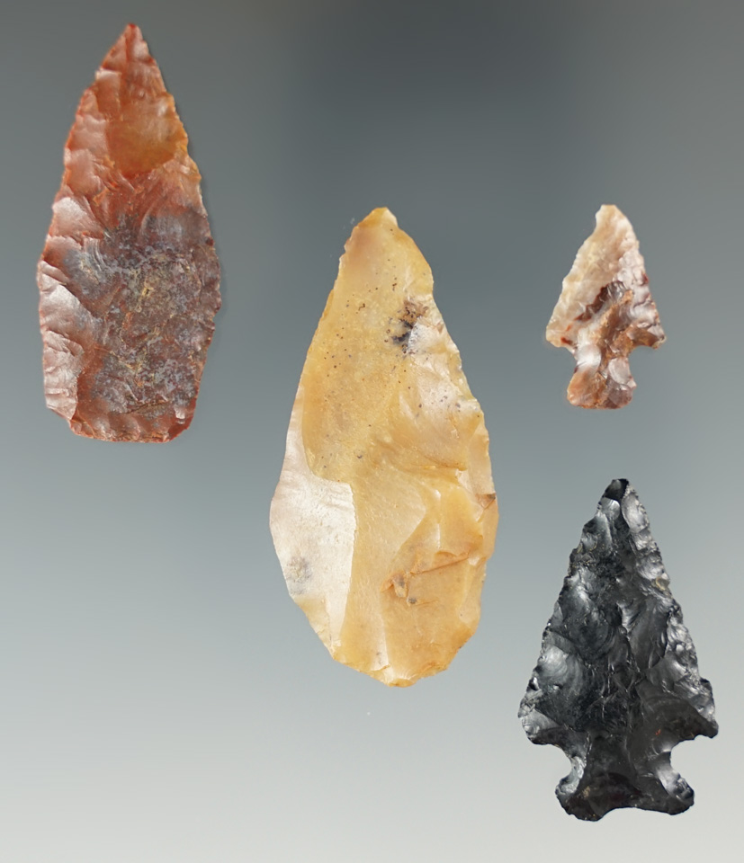 Set of four flaked artifacts found near the Clearwater River, Idaho. Largest is 1 7/8".
