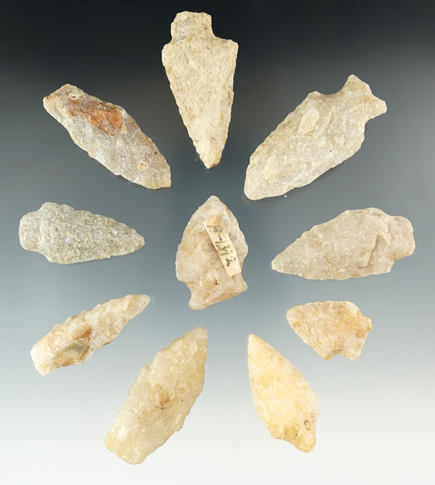 Group of 10 quartz points found by Raymond Powell near Medford, New Jersey.