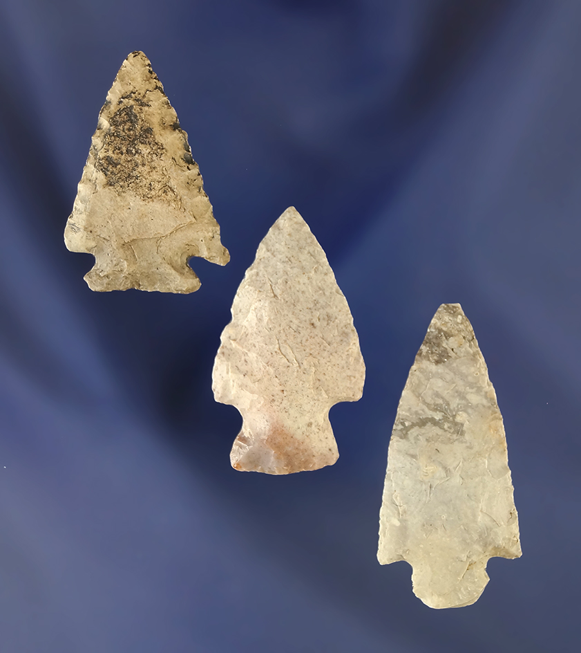 Set of three nice field found arrowheads found in southeast Iowa. Largest is 1 11/16".