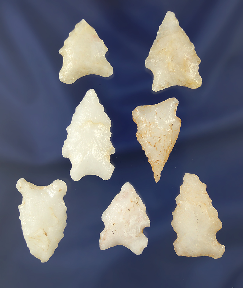 Set of seven Quartz arrowheads found in Alabama. Largest is 1 3/8".